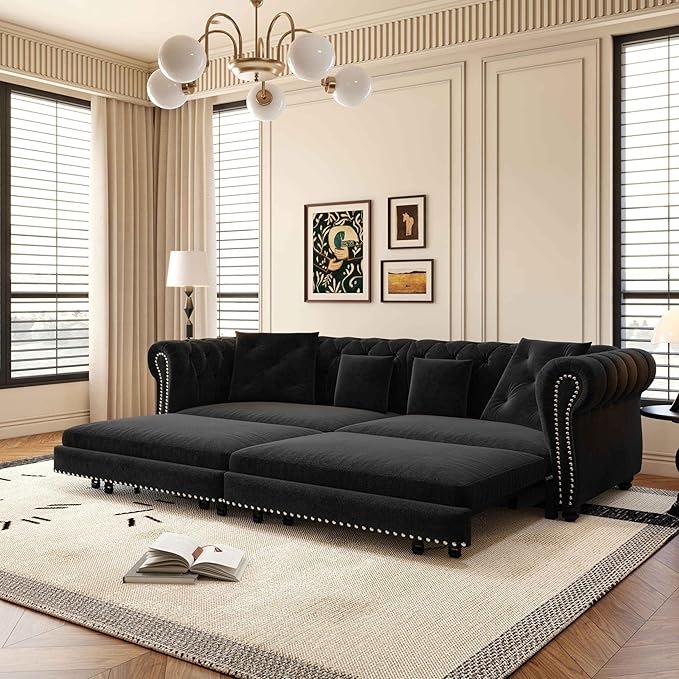 89'' Pull Out Sofa Bed King Chesterfield Velvet Sleeper Sofa Convertible L-Shaped Futon Couch Tufted Back 4 Pillows Ottoman Deep Seat Loveseat Couches for Living Room Apartment Black
