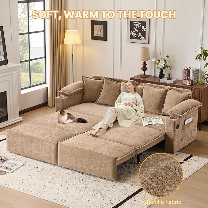 SUNWAVE 83 King Size Pull Out Sofa Bed 4-in-1 Convertible Sleeper Sofa Bed with USB Ports Cup Holders Side Pockets Corduroy Oversized Loveseat Chaise Lounge for Living Room Small Space