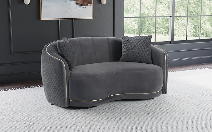 Coaster Home Furnishings - Brookside - Velvet &amp Engineered Wood - Curved Loveseat with Gold Trim and Channel Tufted Back - Living Room - Dark Gray - 504845