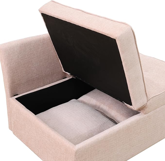 Convertible Ottoman Sofa with Storage Modern Sackcloth Futon Couch with 2 Pillows Adjustable Backrest Recliner Folding Loveseat for Living Room Apartment Dorm OfficePink