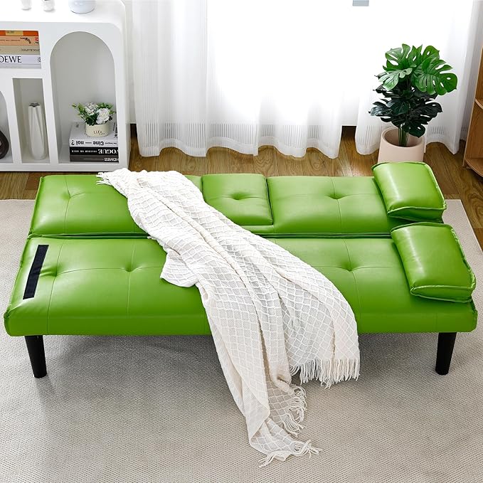 67Modern Futon Sofa BedConvertible 3 in 1 Sleeper Bed Couches with Adjustable BackrestCup HoldersComfy PVC Leather Recliner Sofa Loveseat with Chrome Legs for Small Home Living Room (Green)