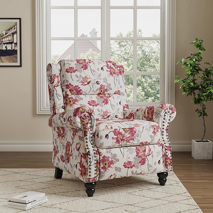 Pushback Recliner Chair Upholstered Armchair Wingback Recliner Chair Floral Fabric Push Back Recliner with Wood Legs Rivet Trim Single Sofa Accent Chair for Living Room Bedroom Pattern White