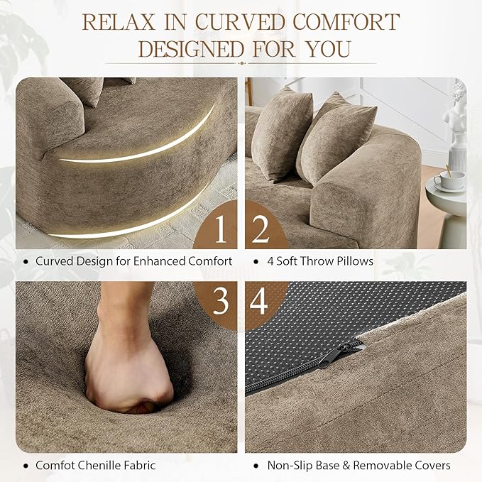 112'' Modern Curved Sectional Sofa Oversized Boneless Cloud Couch Luxury Plush Chenille Sofa 4-Seater Extra Deep No Assembly for Living Room Bedroom Apartment Light Brown