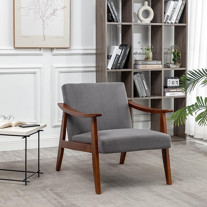 Accent Chair with Velvet Upholstery and Solid Wood Frame Classic Mid-Century Modern Living Room Furniture for Extra Seating Grey