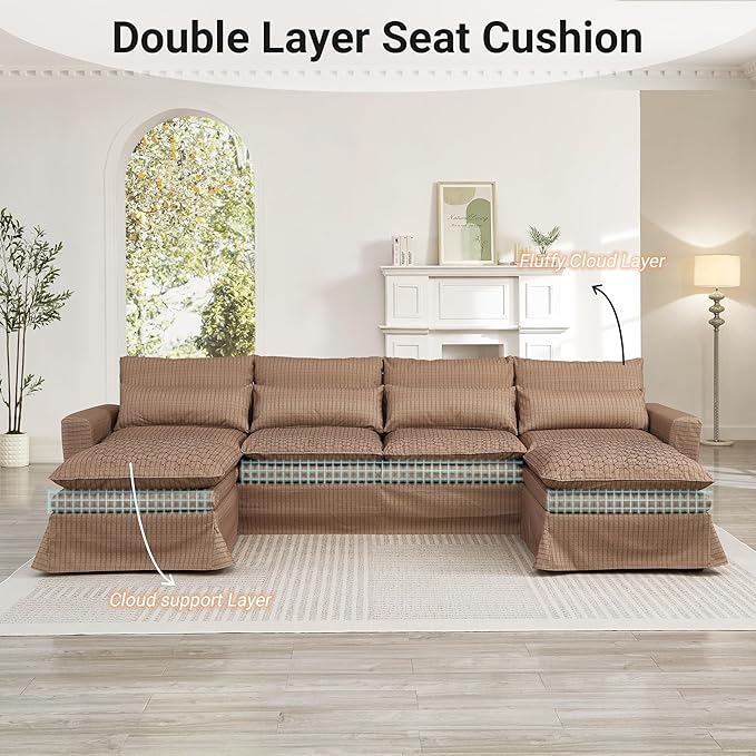 122″ Oversized Modular Sectional Sofa with Movable Ottoman 6-Seat Deep Seat Sofa with Individual Sofa Covers U Shaped Couch for Living Room Bedroom Apartment Fabric Brown Plaid