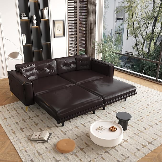 92.1 King Size Pull Out Couch Faux Leather 3-in-1 Convertible Sofa Bed with Wide Armrests &amp Tufted Upholstery 4 Seat Pull Out Sofa Bed with Pillows for Living Room/Apartment/Office Dark Brown