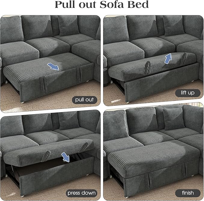 Ihanherry 83-inch 5-Seater Large Sectional Sofa Bed with Storage Corduroy Reversible Modular Sleeper Sofa with USB Port &amp 4 Pillows Convertible L-Shaped Couch for Living Room（Gray）