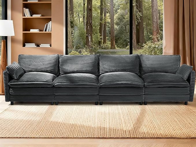 150'' Modular Sectional Sofa Comfy Cloud Couch with Movable Ottoman Deep Seat Corduroy Modular Sofa Sectional Couches for Living Room Bedroom and Apartment Dark Grey