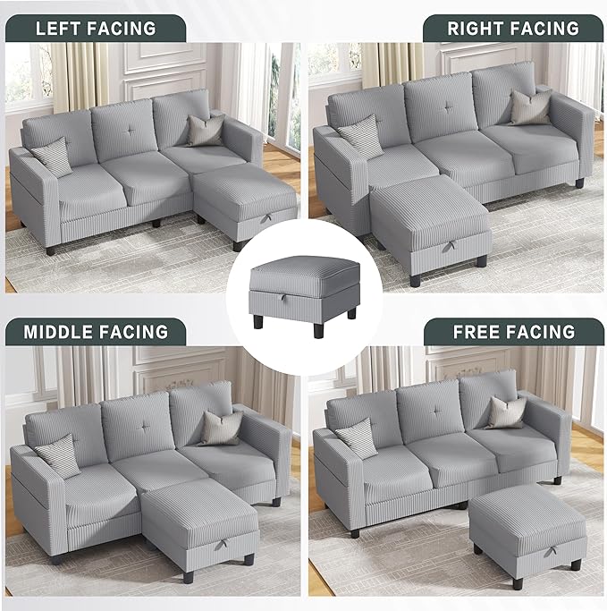JY QAQA Convertible Sectional Sofa with 3-Seater Sofa L-Shaped Ottoman Couch with Modern Linen for Apartment Small Living Room and Small Space (Light Grey)