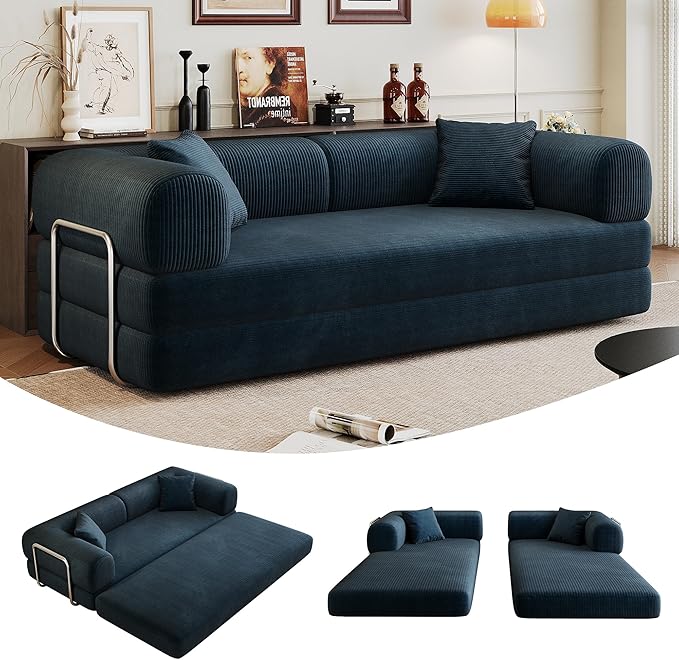 79 Convertible Sofa Bed with Fixed-Shape Frame Corduroy Folding Pull Out Couch No Assembly Modern Boneless Couch Compression Sofa in Box Floor Sofa for Living RoomBlue