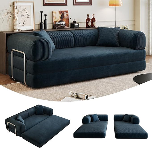 79 Convertible Sofa Bed with Fixed-Shape Frame Corduroy Folding Pull Out Couch No Assembly Modern Boneless Couch Compression Sofa in Box Floor Sofa for Living RoomBlue