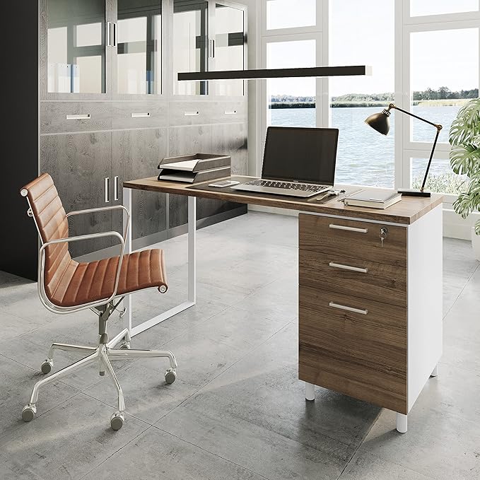 Modern Design Milano Office Desk with 3 Locking Drawers 48 Inch White and Walnut Industrial Wood Desk with Filing Drawer and Storage by Crafts and Comfort