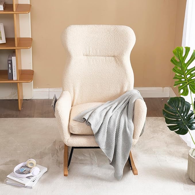 Modern Rocking Chair with High BackrestTeddy Material Comfort Arm Rocker Lounge Armchair for Living Room