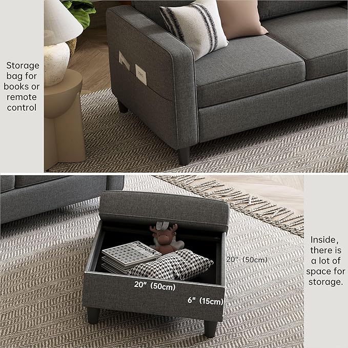 Sectional Sofa Couches for Living Room - 3-Seat Dark Gray L-Shaped Modern Sofa Couch with Reversible Storage Ottoman &amp Storage Pockets for Living Room Apartment Studio