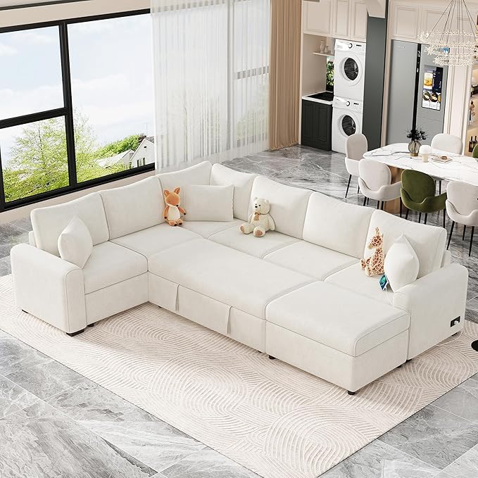 Modern Sectional Sofa Pull-out Sofa Bed Sleeper with a Storage Ottoman and 3 Pillows L-shaped Convertible Sofa Bed Chenille Upholstered Combination Couch for Living Rooms Offices (Cream-16)