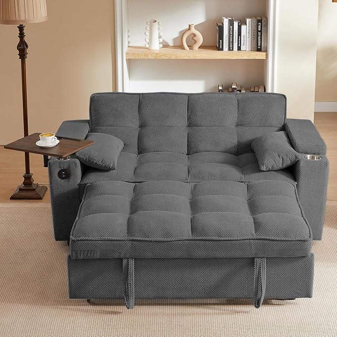 65'' 3-in-1 Folding Convertible Sofa Bed Queen Size Pullout Sofa Modern Chenille Fabric 360° Swivel Side Table Easy Assembly Perfect for Living Room