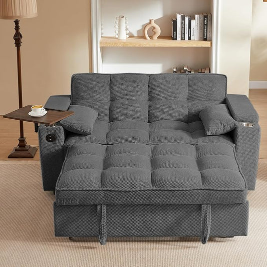 65'' 3-in-1 Folding Convertible Sofa Bed Queen Size Pullout Sofa Modern Chenille Fabric 360° Swivel Side Table Easy Assembly Perfect for Living Room