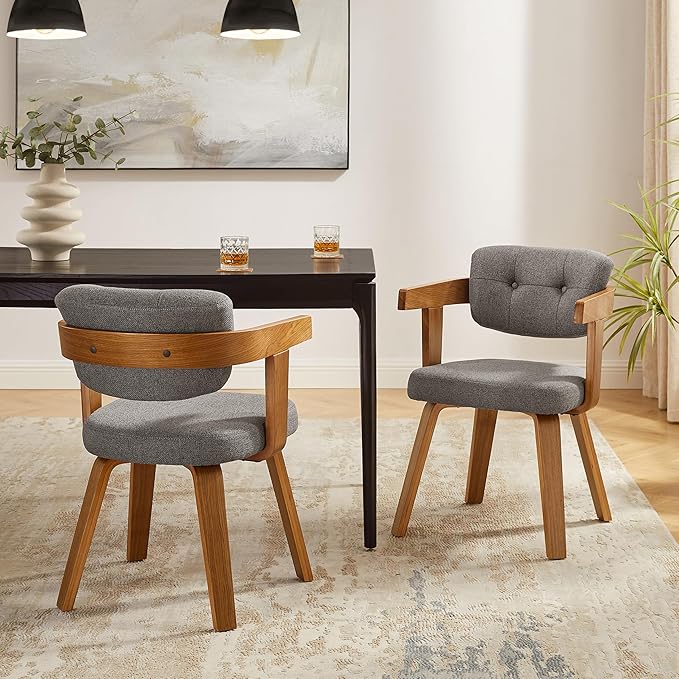 Art Leon Mid Century Modern Dining Chairs - Set of 2 Comfy Fabric Upholstered Dining Chairs Home Office Chair No Wheels Accent Arm Chair with Wood Legs for Kitchen Living Room Bedroom Gray/Walnut