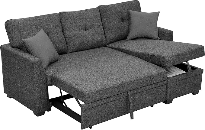 76 Linen Blend Convertible Sofa with Pull-Out Bed Stylish Sleeper Couch with Hidden Storage Space 3-Seater Couch with 2 Soft Pillows for Living Rooms Charcoal Black