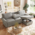 95 Convertible Sofa Bed Sectional Sofa Sleeper with Storage Chaise Pull-Down Backrest with 2 Cup Holders Arc Armrests with Nailhead Trim Polyester Fabric Acacia Wood Frame (Grey-12s)