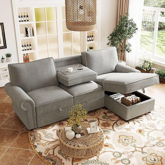 95 Convertible Sofa Bed Sectional Sofa Sleeper with Storage Chaise Pull-Down Backrest with 2 Cup Holders Arc Armrests with Nailhead Trim Polyester Fabric Acacia Wood Frame (Grey-12s)