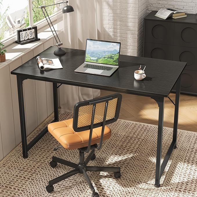 Huuger Modern Simple Office Desk 40 Inch Gaming Desk with Storage Black Metal Frame Large Legroom