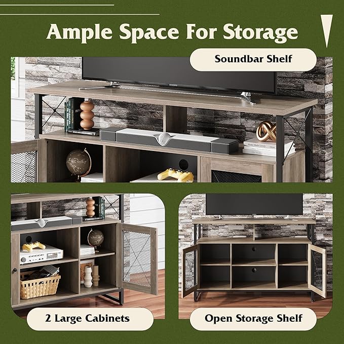 WLIVE TV Stand 55 inch TV Tall Entertainment Center and Industrial TV Console Cabinet with Storage for Bedroom Living Room Greige