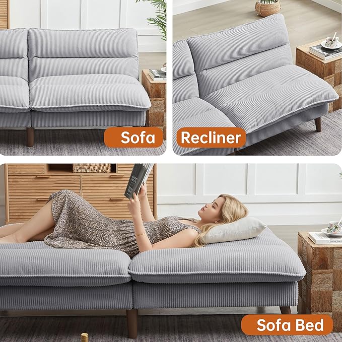 Convertible Sofa Bed 72″ Fabric Couch with Adjustable Backrest Loveseat Recliner Sleeper Living Room Furniture futon Set for Apartment Small Space Light Grey