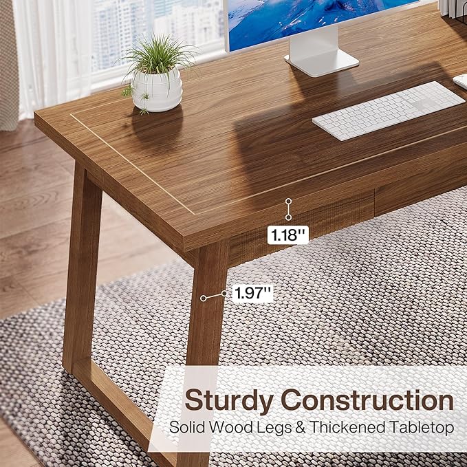 Tribesigns Home Office Executive Desk: 55 Inches Wooden Computer Desk with Drawer Mid-Century Modern Study Writing Table Rustic PC Laptop Desk Workstation Furniture Walnut Brown