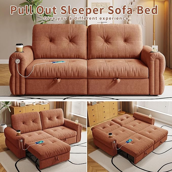 80.4 Convertible Sofa Bed with Cup Holders and Adjustable Backres Chenille Loveseat Sleeper Sofa with Pull Out Bed and USB Charging 3 in 1 Multi-Functional Couches (Orange 80.4-inch)