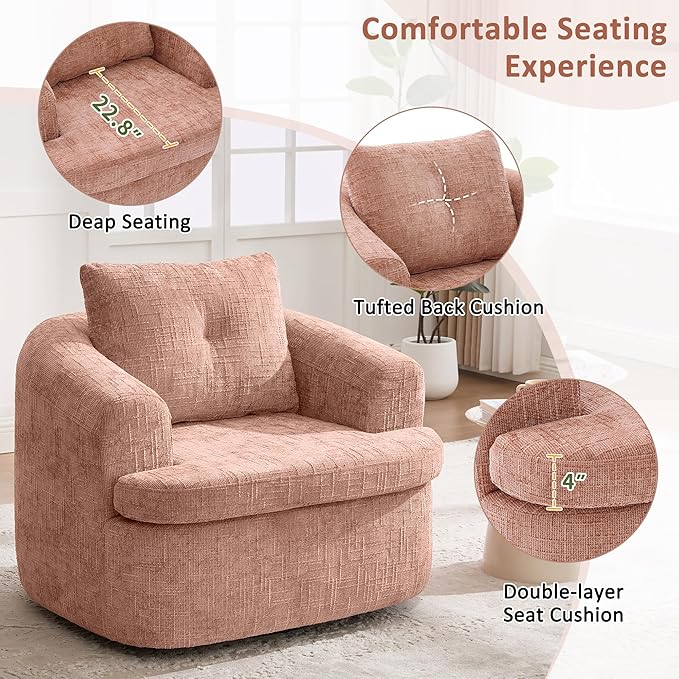 Merax 360° Swivel Sofa Chair Chenille Fabric Accent Barrel Chair 36.6 Swivel Round Chair with Dual-Layer Cushion Design for Living Room Bedroom Office and Hotel Pink