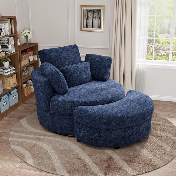 Oversized Swivel Chair and A Half with Ottoman Cozy Round Circle Chair Modern Big Comfy Accent Barrel Chairs with Pillows Comfy Chaise Lounge Adults Reading Armchair for Living Room Bedroom Navy