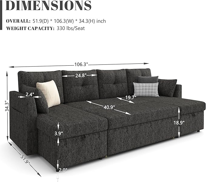 Oversized Sleeper Sofa Couch 110 inch 2 in 1 Pullout Couch Bed with Side Pockets for Living Room Sectional Sleeper Sofa Bed with Double Storage Chaise Black