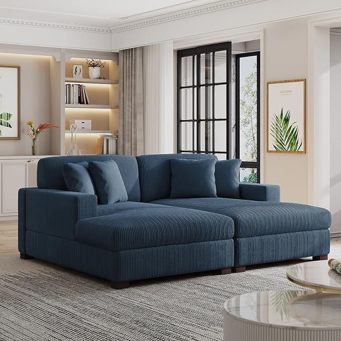 82.6 W Oversized Double Chaise Lounge Sofa Couch Comfy Corduroy Sleeper Sofa Bed with Deep Seat Modern Upholstered Cloud Couch with Pillows for Living Room Navy