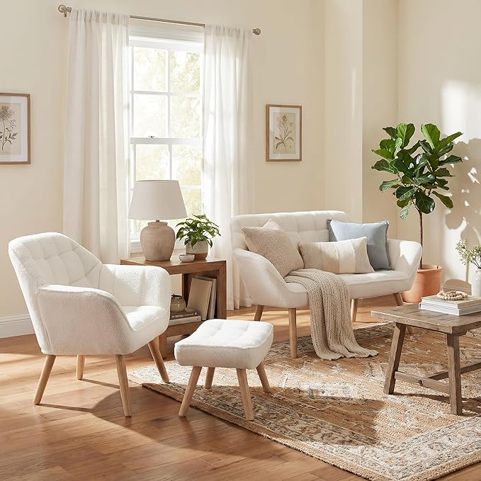 48”Small Loveseat Sofa Modern Sherpa Upholstered Mini Couch 2-Seater Fluffy Love Seat with Quilting Backs and Wood Legs for Living Room Bedroom and Small Space White