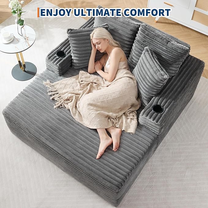 IDEALHOUSE 64 Oversized Chaise Lounge Chair Indoor Upholstered Boneless Sofa Bed with Throw Pillows Cup Holders and Armrests Comfy Corduroy Sleeper Couch for Living Room Bedroom Office (Grey)