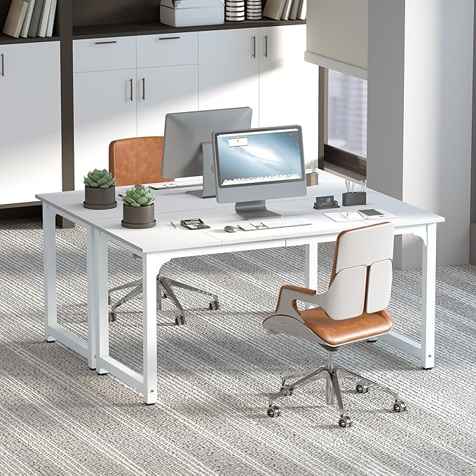 NSdirect Large Office Desk for Home Office Large 63” Computer Desk Table Wide Writing Study Desk for 2 Person Metal Sturdy Frame Thicker Steel LegsWarm White