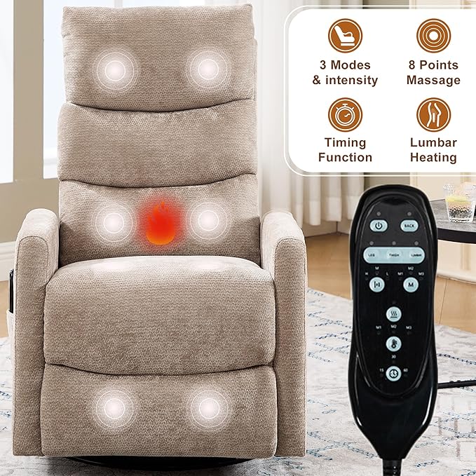 cinkehome Swivel Rocker Recliner Chair Upholstered Nursery Glider Recliner Chair with Heated Massage High Back Side Pocket (Khaki Chenille Fabric)