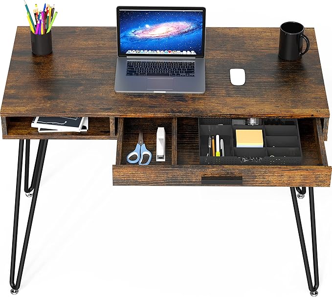 SHW Home Office Computer Hairpin Leg Desk with Drawer Rustic Brown