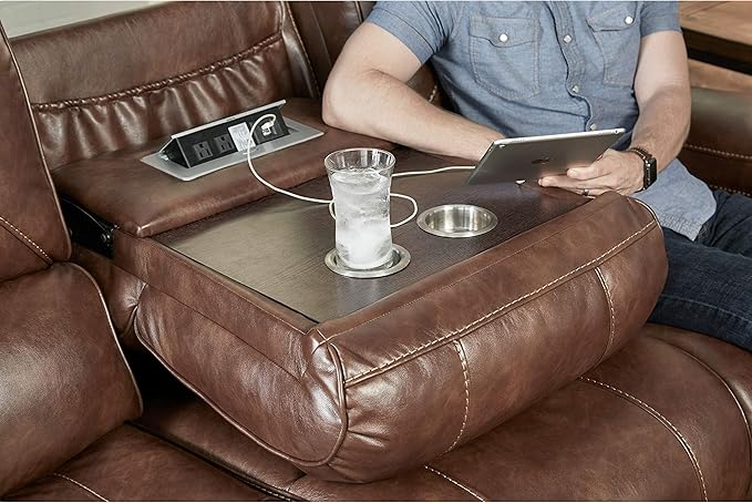 Roundhill Furniture Achern Leather Air Nail head Manual Reclining Sofa with Storage Console Brown