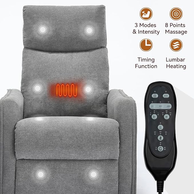 Power Lift Recliner Chair for ElderlyHeat Massage Manual Recliners Chair with RockerChair Recliners for Small SpacesPortable Chair Recliners for Living Room for AdultsEasy AssemblyGrey