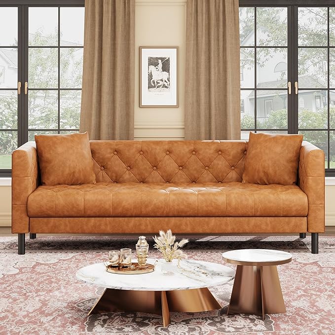 GAOMON 81 Mid-Century Modern Leather Sofa for Living Room Chesterfield Sofa with Deep Seats and 2 Pillows 3 Seater Couch with Button Tufted Leather Couch for Apartment Office Cognac Tan