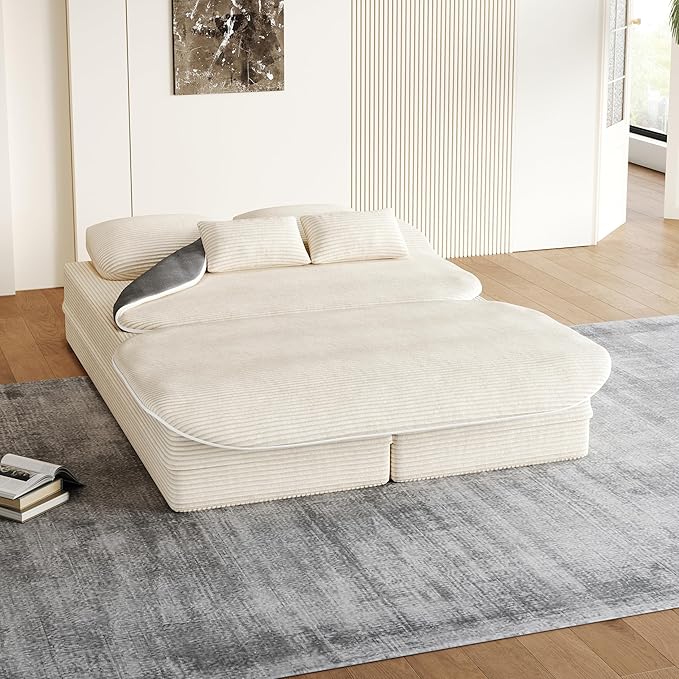 75'' Corduroy Foldable Full Size Boneless Couch Bed 2-in-1 Convertible Sleeper Compression Loveseat Sofa with Pillow No Assembly Memory Foam Floor Folding Couch for Living Room (Beige) | 2-in-1 Pi