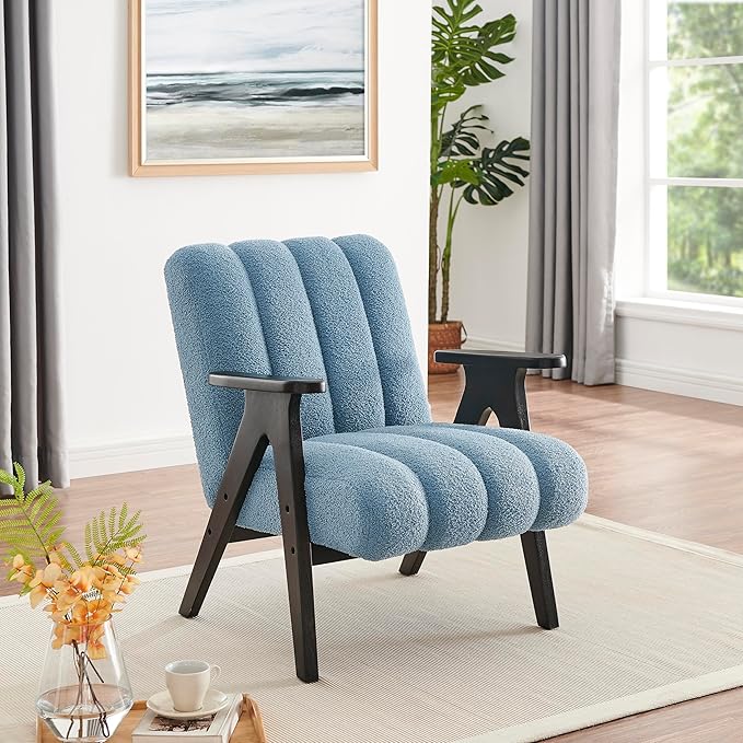 Roundhill Furniture Rella Modern Teddy Sherpa Accent Chair with Espresso Wood Frame Blue