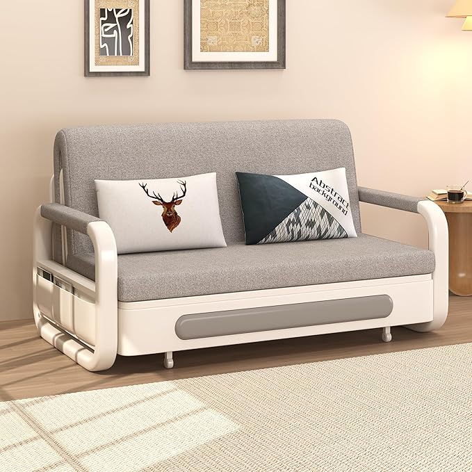 Pull-Out Sofa Daybed with Trundle Convertible Futon Sleeper Couch for Living Room &amp Small Spaces Gray/White (34.25 D x 59.84 W x 37.4 H)