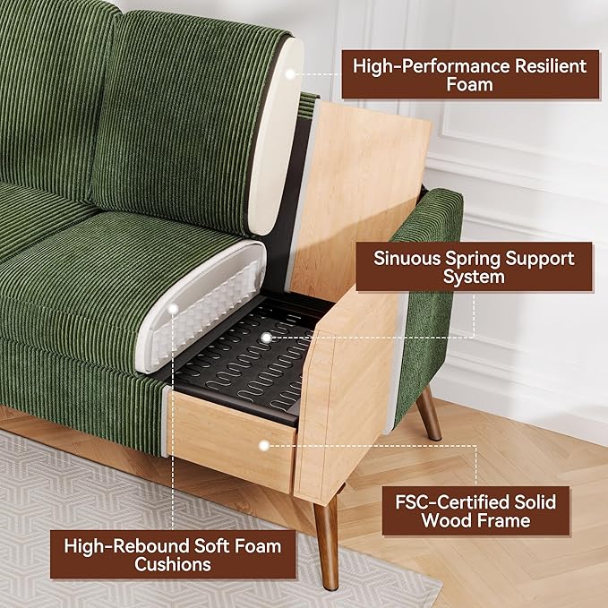Vipbear 68 Loveseat Sofa - Green Comfy Corduroy with Spring Cushion Solid Wood Frame Modern Deep Seat Bedroom &amp Living Room Office Small Couch