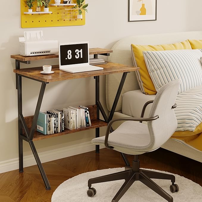 COTUBLR Small Desk 27.5 Inch Small Computer Desk for Small Spaces Computer Desk with Adjustable Monitor Stand Compact Desk with Storage Tiny Desk Study Desk for Bedroom Home Office Rustic Brown