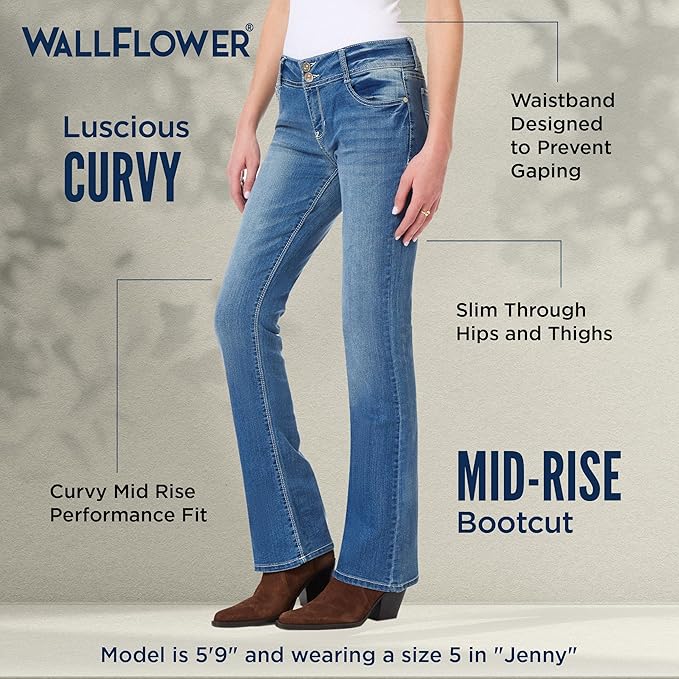 WallFlower Luscious Curvy Bootcut Jeans for Women Mid-Rise Insta Stretch Denim Size-Inclusive Juniors Jeans