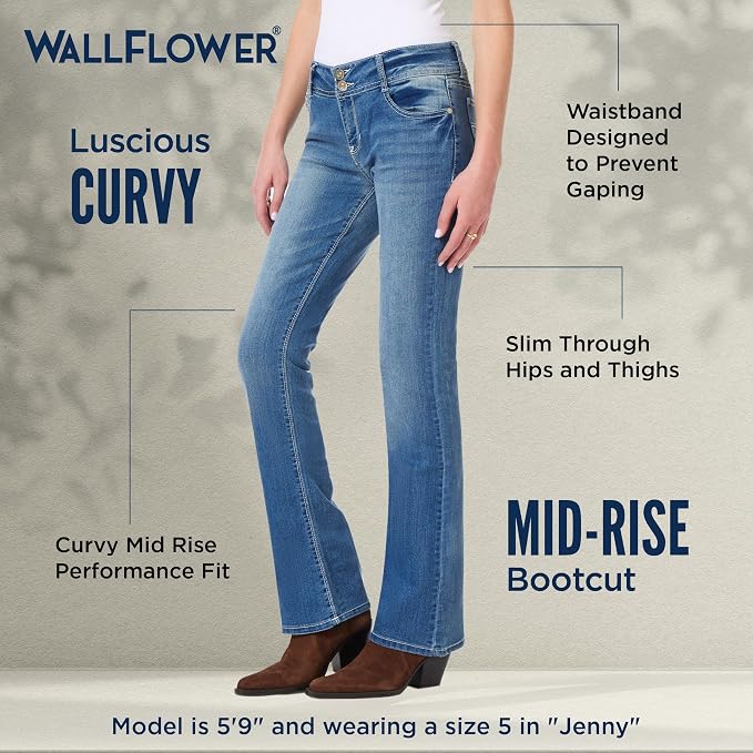 WallFlower Luscious Curvy Bootcut Jeans for Women Mid-Rise Insta Stretch Denim Size-Inclusive Juniors Jeans