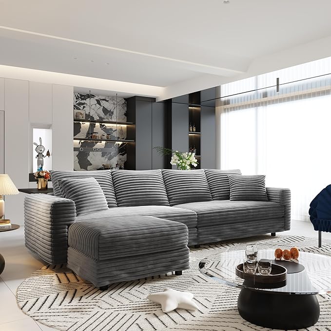 102 Oversized Modular Sectional Sofa with Movable Ottoman 2-in-1 Convertible Deep Seat Sleeper Daybed 4-Seater Plush Corduroy Cloud Couchwith 6 Pillows for Living Room &amp Apartment